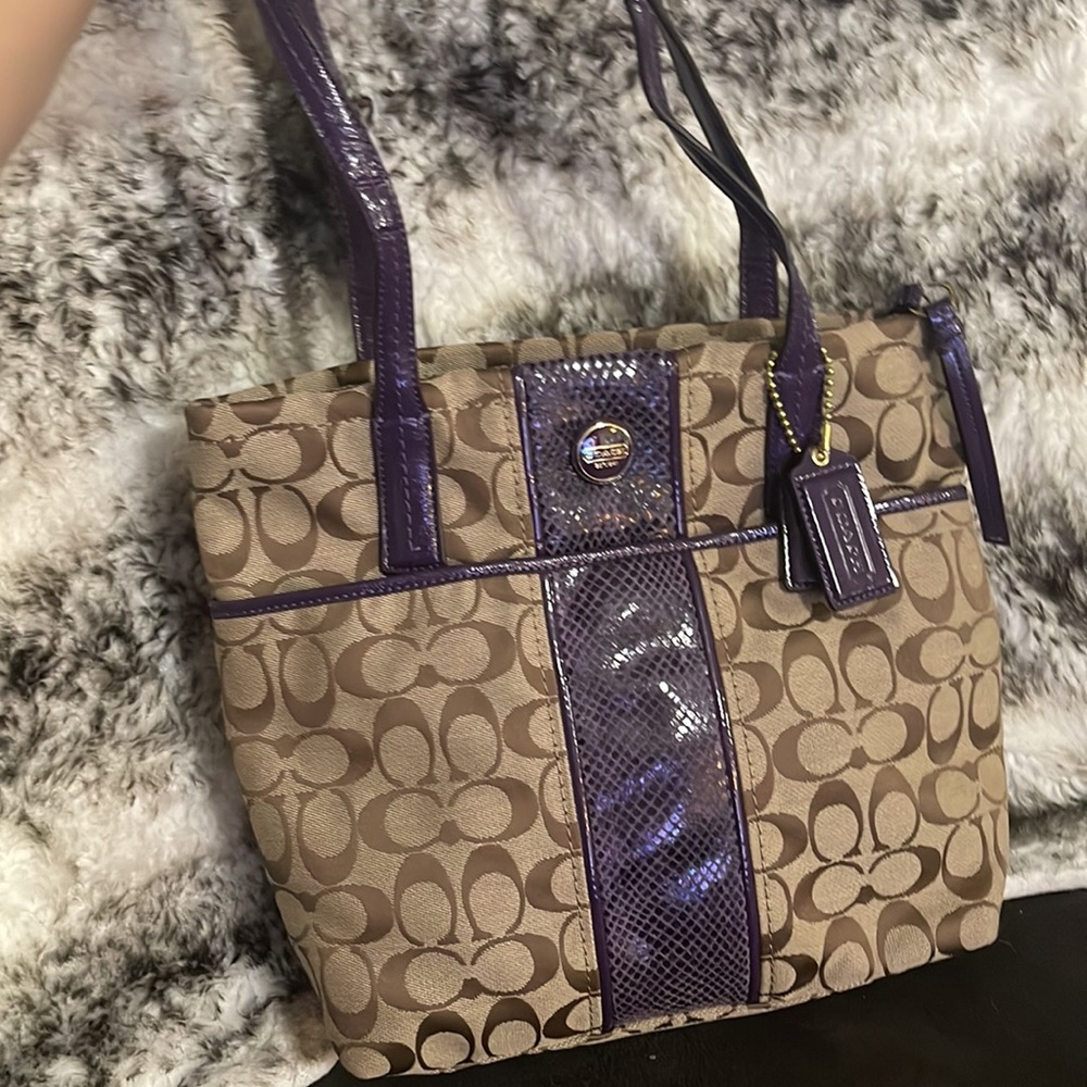 Coach, purple snakeskin handles and stripe down the front and signature canvas - Picture 2 of 4